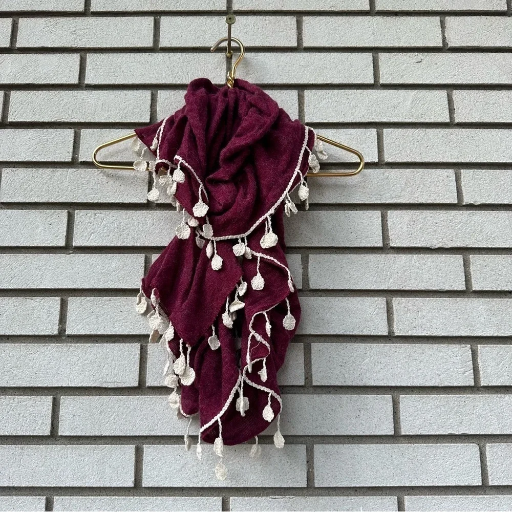 Raspberry Red Wool Feel Scarf Ivory Crochet Fringe Boho Cottagecore Wrap